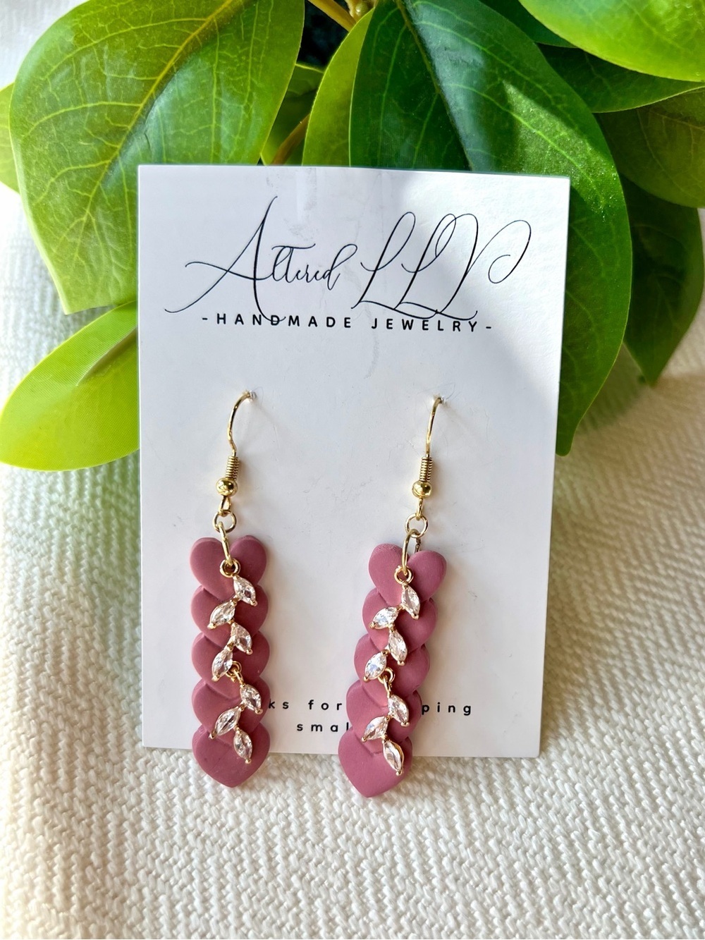 Mauve Leaf-Link Drop Earrings with Gold Accents